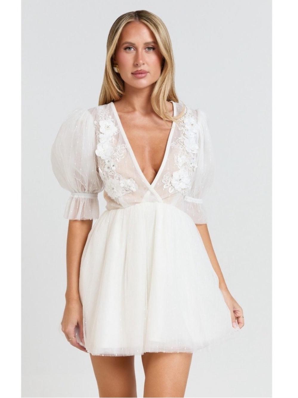 Showpo Akshia Mini Dress Puff Sleeve Floral Detail Plunge Neck‎ White Size 6